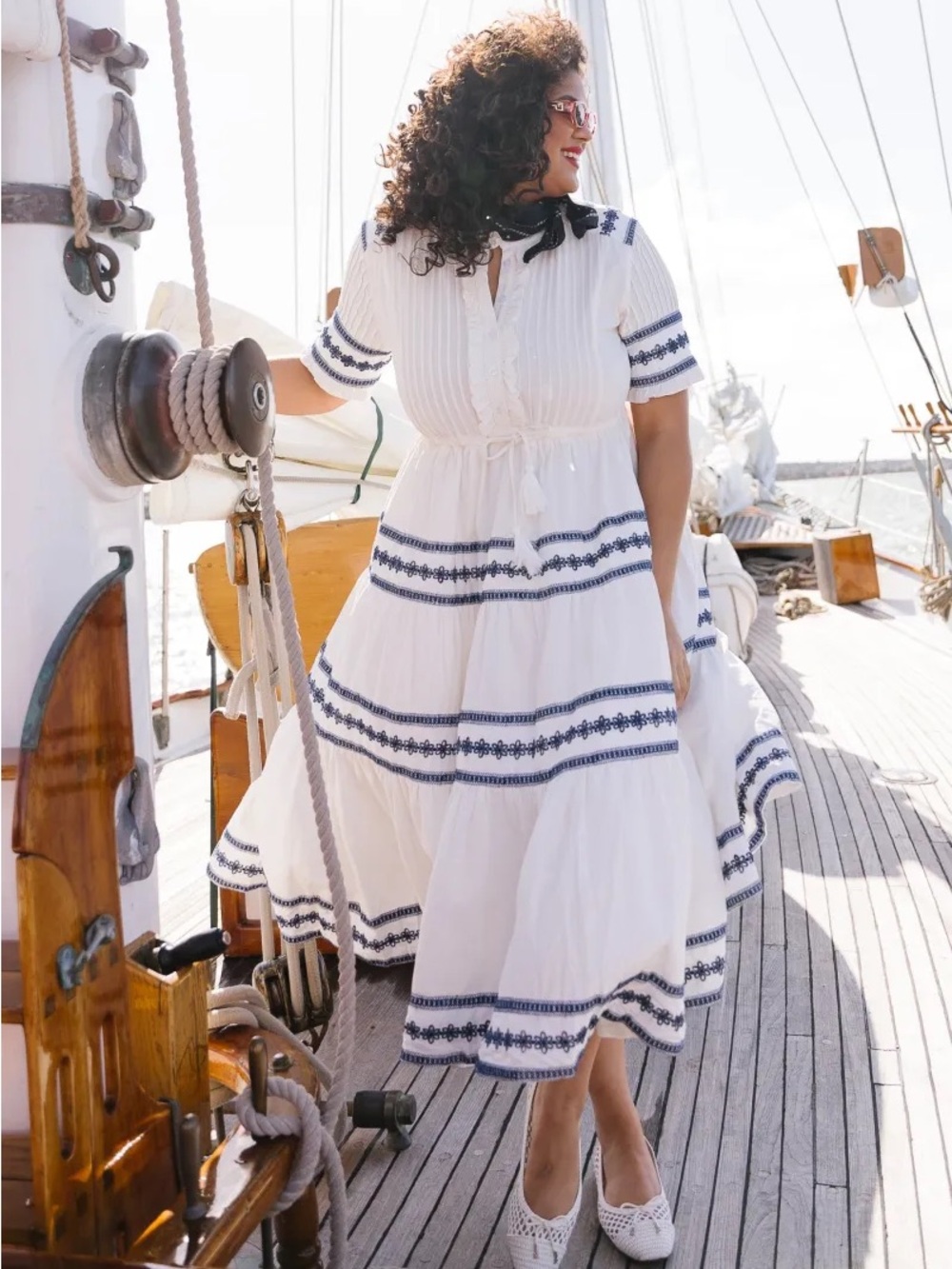 Ivy City Co Santorini Dress • S • Cream + Navy Maxi Nautical